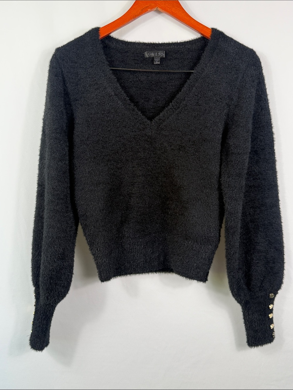 Guess Black V-Neck  Fuzzy Sweater with Gold Button Cuffs. Womens‎ Size XS. Soft